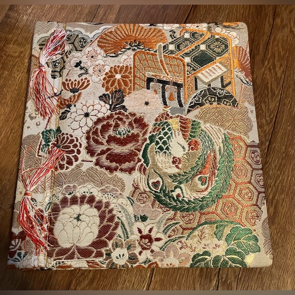 Rare Vtg Tozai Album Orange Gold Silk Embroidered Birds Canon Photo Album Book